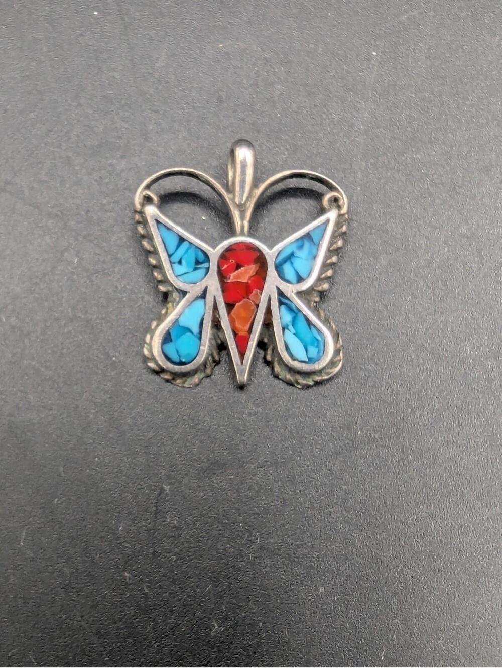 Vintage Southwestern Butterfly Sterling Silver Turquoise Coral Chip Inlay Charm